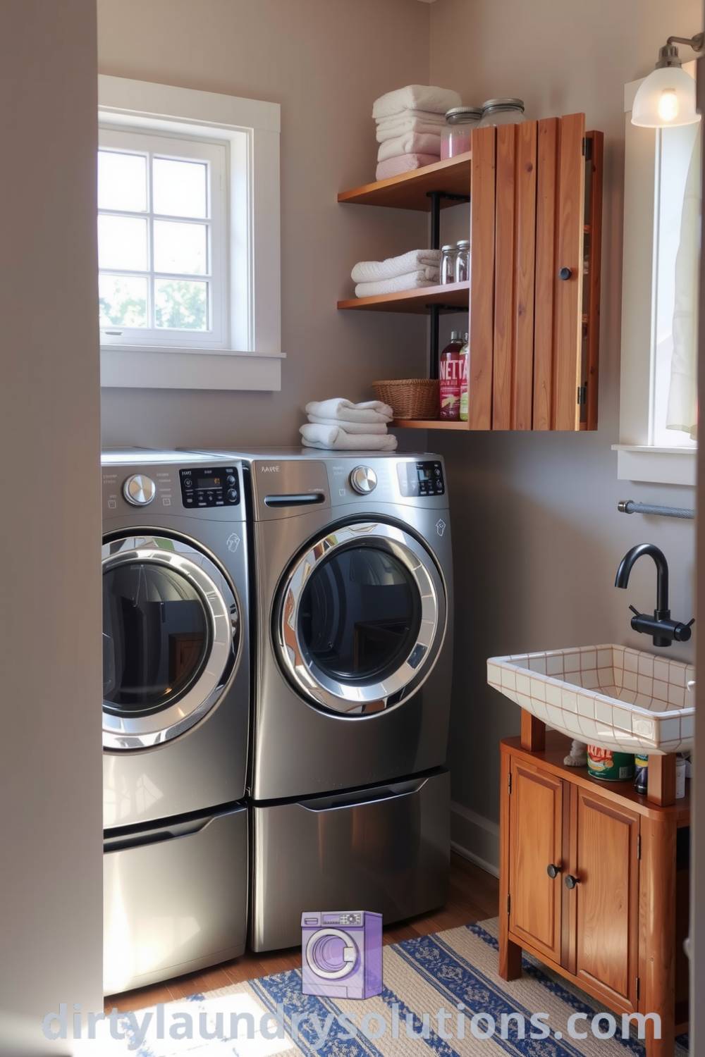 Cozy indoor laundry area featuring washer and dryer, colorful detergent jars, pet wash station, and neatly organized towels, creating a warm and inviting space for busy homes. Explore inspiring ideas at dirtylaundrysolutions.com.