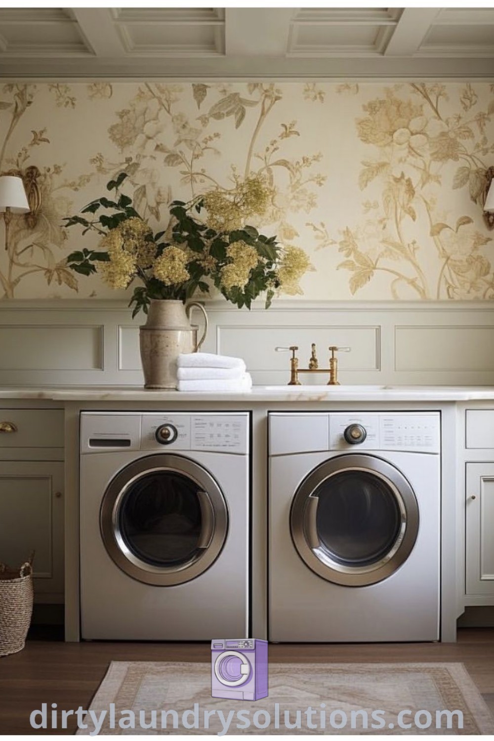 A washer and dryer in a cozy laundry room adorned with floral wallpaper, showcasing mudroom laundry room ideas, inspiring organization solutions, and design ideas for home improvements at dirtylaundrysolutions.com.