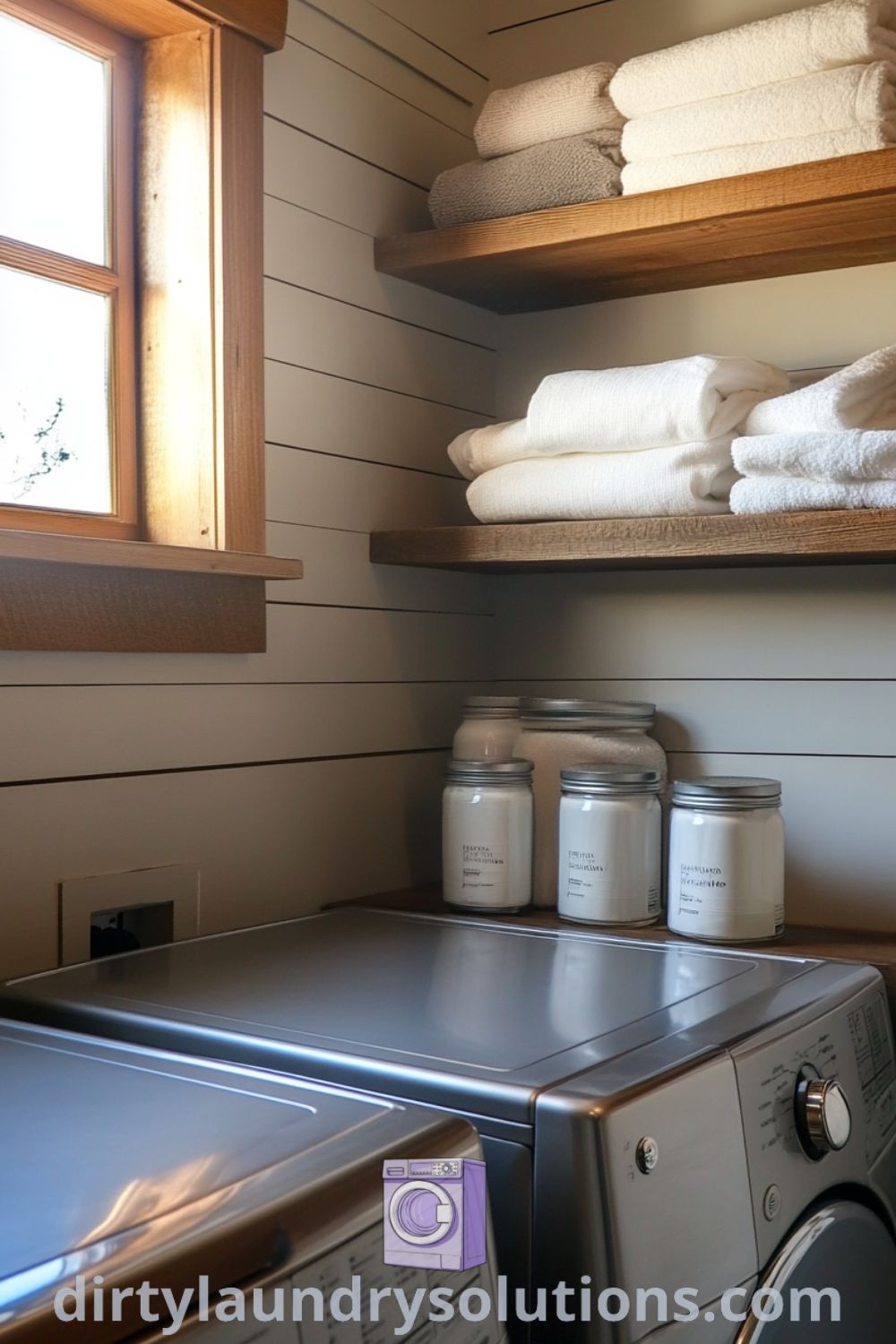 Cozy laundry room featuring a compact washer and dryer with wooden shelves holding organized supplies, bathed in soft sunlight, creating an inviting and practical atmosphere. Explore unique ideas for your home at dirtylaundrysolutions.com.