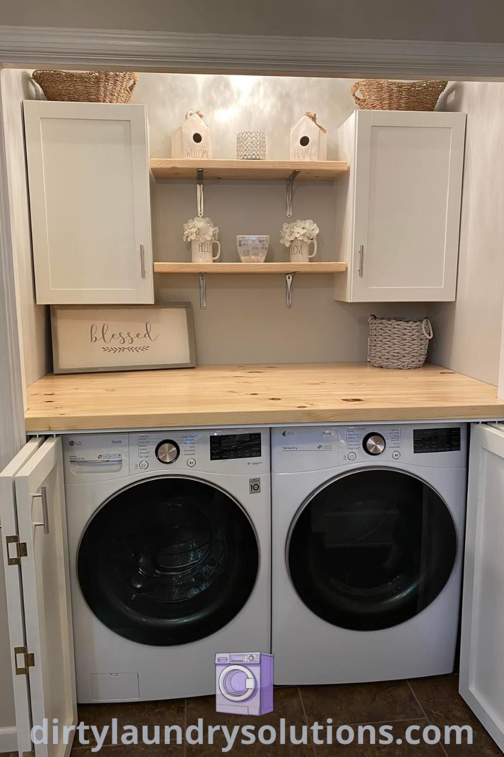 A side-by-side washer and dryer in a cozy small laundry room with cabinets above, showcasing space-saving ideas and organization solutions for busy homes. Discover more at dirtylaundrysolutions.com.