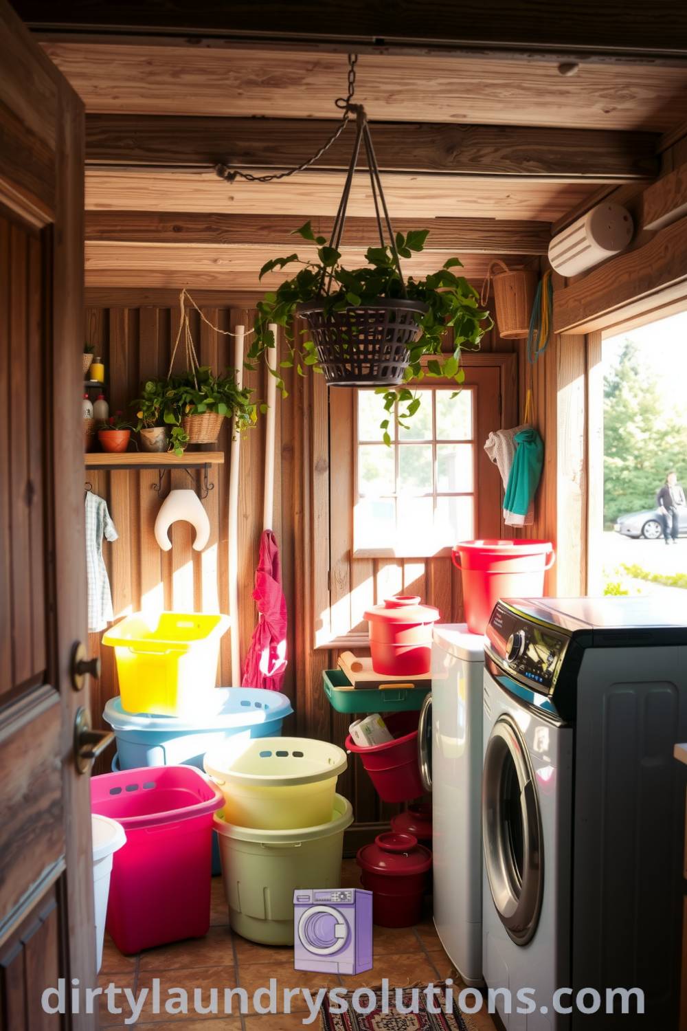 Cozy laundry porch featuring weathered wood beams, sturdy metal appliances, colorful baskets, and hanging plants that enhance the inviting atmosphere. Discover more inspiring ideas for your home at dirtylaundrysolutions.com.