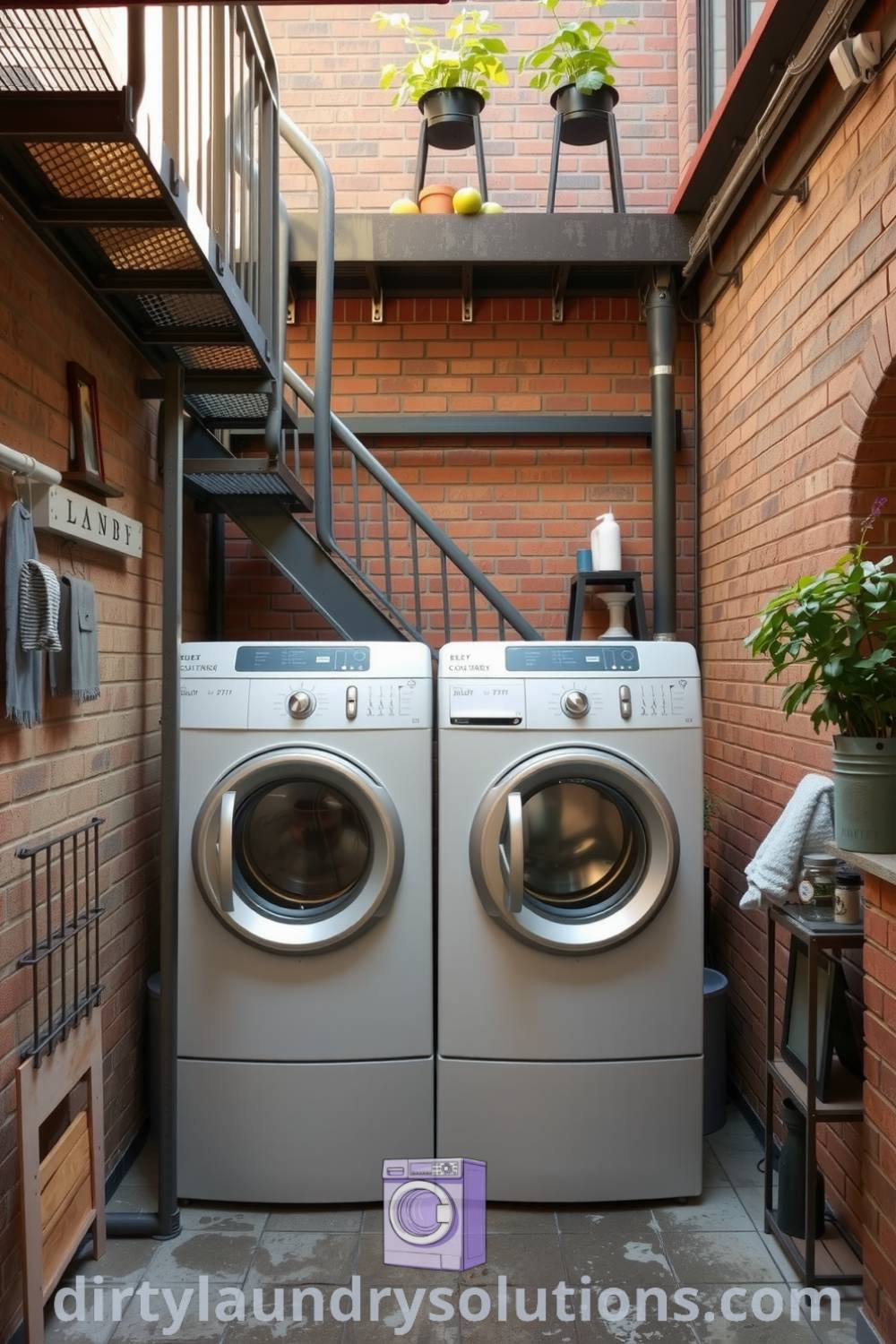 Cozy utility courtyard laundry featuring weathered brick walls, industrial washer and dryer, a sturdy metal staircase, and potted plants, creating an inspiring and functional space. Discover more unique ideas for your home at dirtylaundrysolutions.com.