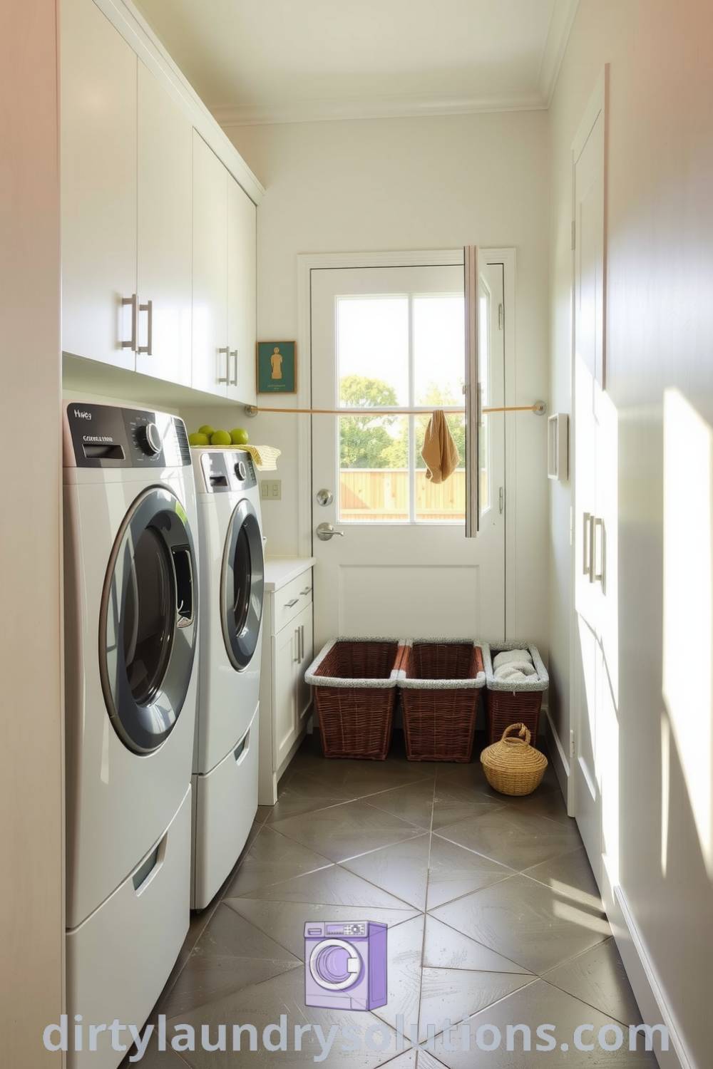 Contemporary laundry hallway featuring sleek cabinetry, polished concrete floors, frosted glass door, colorful baskets, and vintage-style hooks, showcasing cozy ideas and organization solutions for small spaces. Discover more inspiring ideas for your home at dirtylaundrysolutions.com.