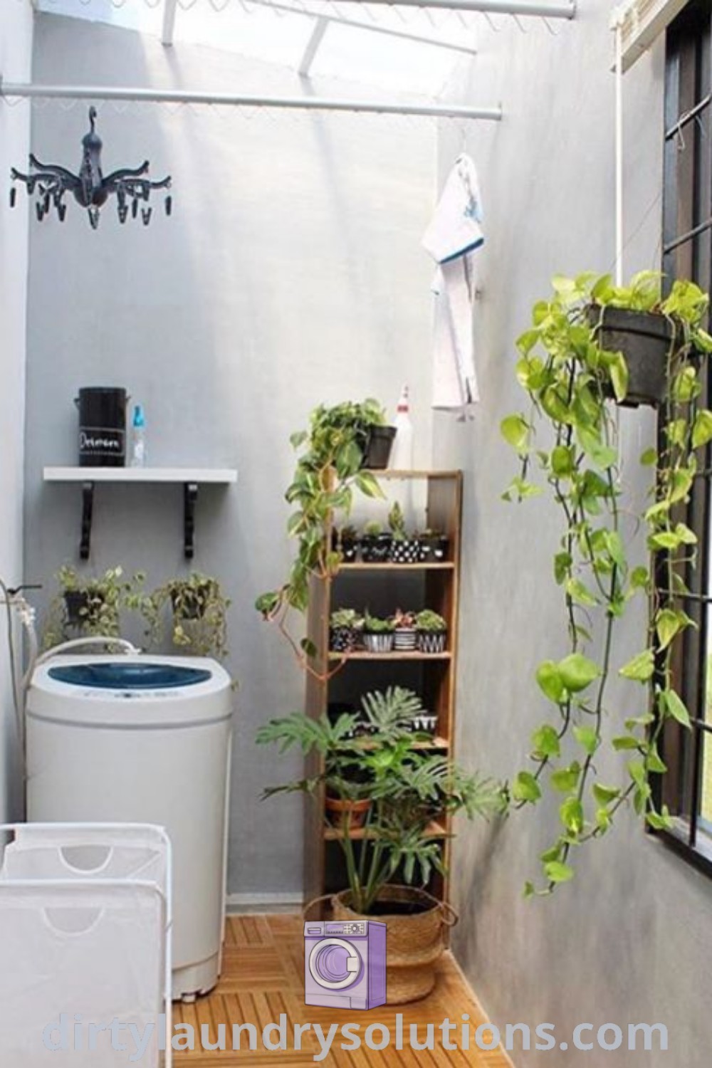 A cozy bathroom featuring a tub and plants, highlighting stylish bathroom minimalist decor and outdoor laundry solutions for small spaces. Discover unique ideas to enhance your home at dirtylaundrysolutions.com.