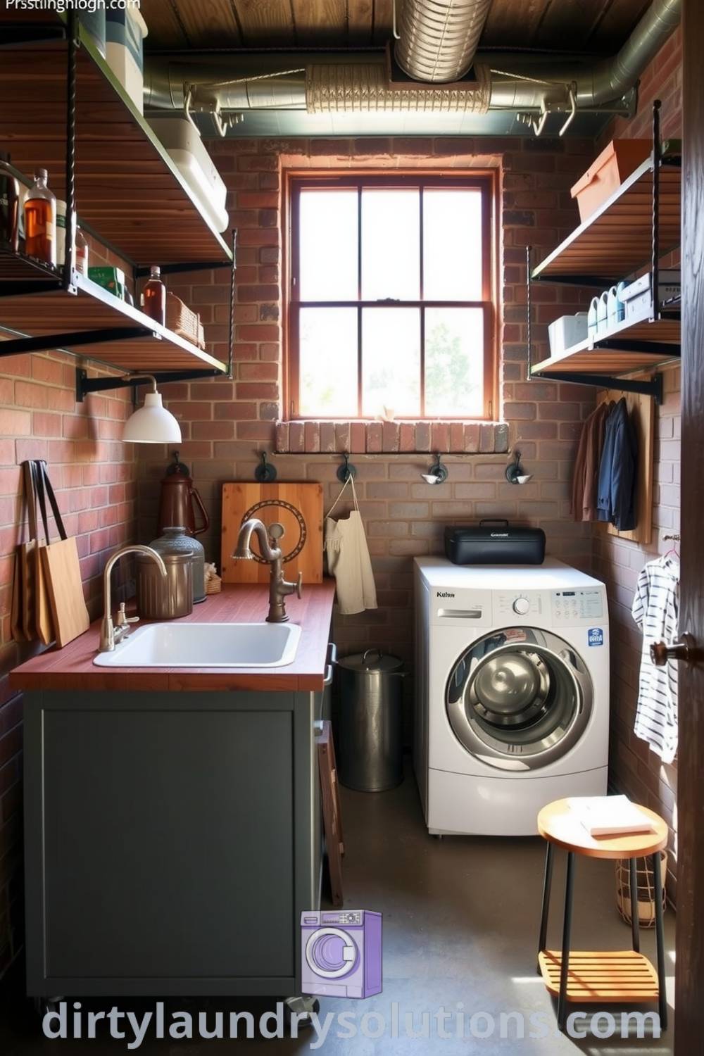 Cozy industrial mudroom laundry with exposed brick walls, raw metal shelving, vintage sink, and sturdy wood accents creating a warm and functional space. Explore more inspiring ideas for your home at dirtylaundrysolutions.com.