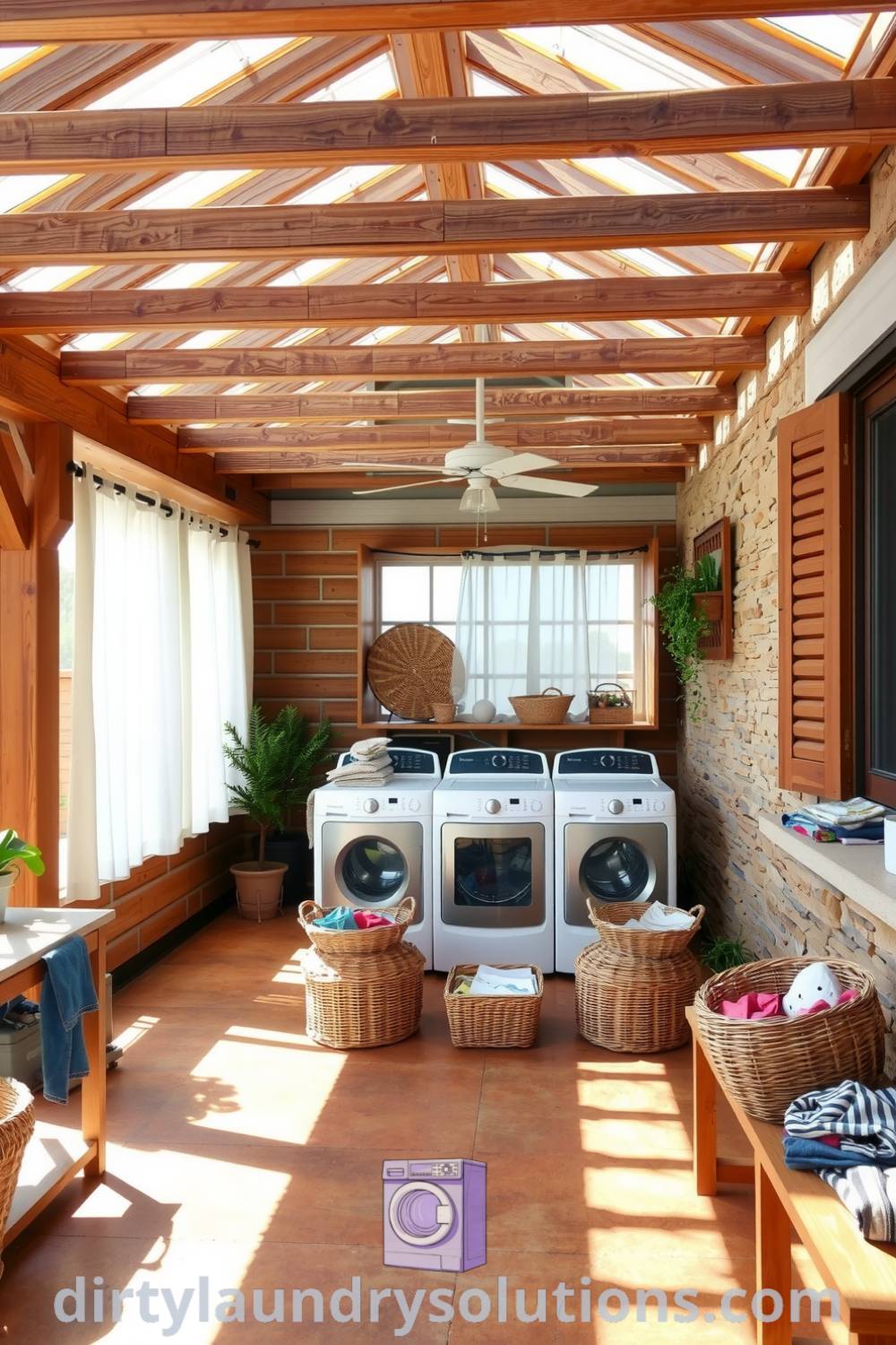 Cozy covered patio laundry featuring rustic wooden beams, stone accents, sunlight filtering through sheer curtains, and potted plants, creating an inviting and charming space perfect for busy homes. Discover more ideas for your home at dirtylaundrysolutions.com.