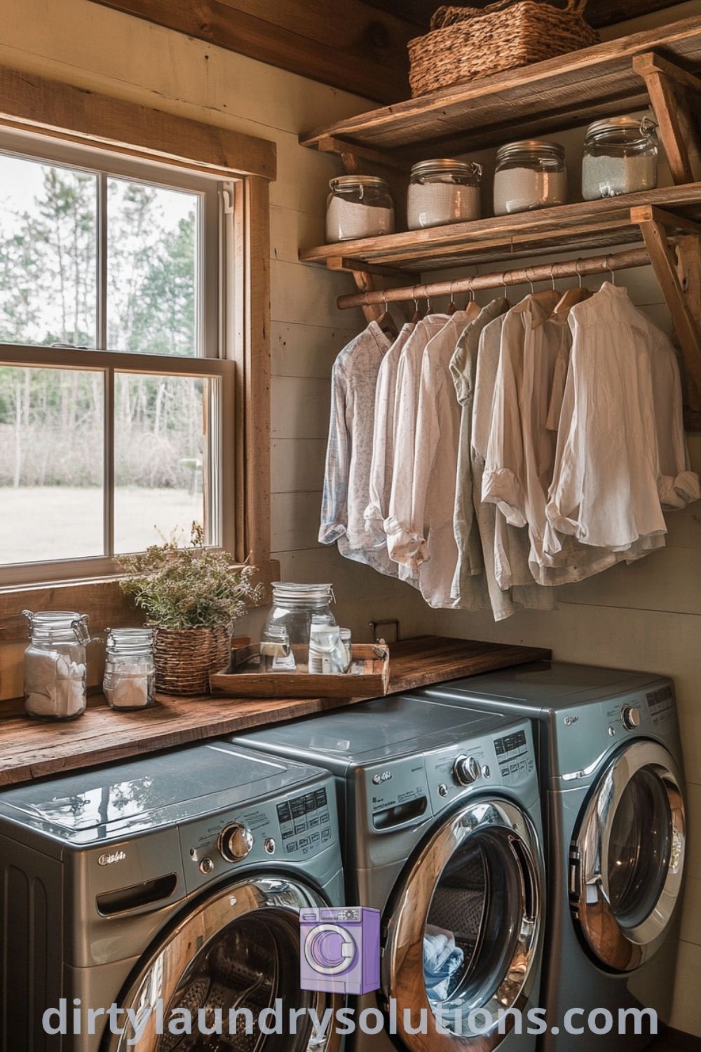 Laundry room featuring a muted metal washer and dryer, wooden clothes rack, warm sunlight, and rustic shelves lined with jars and linens, creating a cozy and inviting space. Explore more cozy ideas for your home at dirtylaundrysolutions.com.