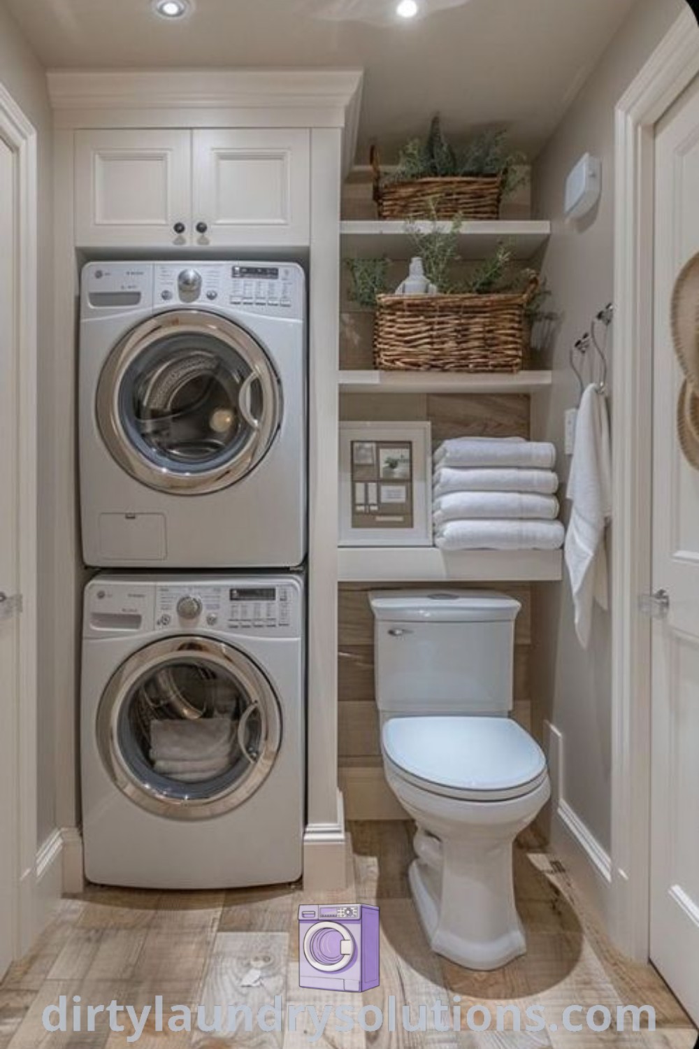 A modern laundry room in a bathroom with a washer and dryer, wooden floors, and stylish white cabinets, showcasing a small bath laundry room combo. Discover ideas that inspire your home at dirtylaundrysolutions.com.