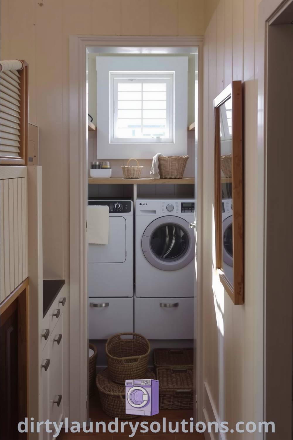 Cozy laundry nook featuring a charming wooden door, classic washer and dryer, soft beige walls, natural light, vintage shelving, and woven baskets for organization. Explore inspiring ideas for your home at dirtylaundrysolutions.com.