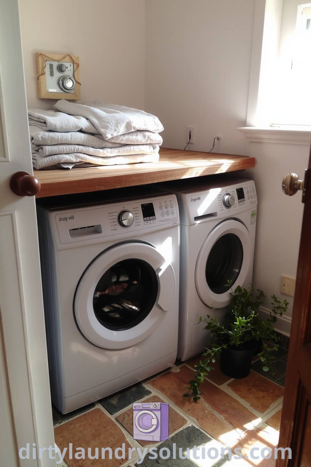Cozy cottage laundry nook with weathered wood countertop, neatly folded linens, soft natural light, and potted herbs, creating a warm and inviting space. Explore more unique ideas and cozy inspirations for your home at dirtylaundrysolutions.com.