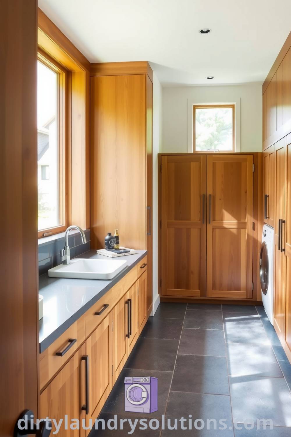 Minimalist mudroom laundry featuring sleek wooden cabinetry, stone countertop, and natural light through large windows, creating a cozy atmosphere with an inviting design. Explore unique ideas for your home at dirtylaundrysolutions.com.