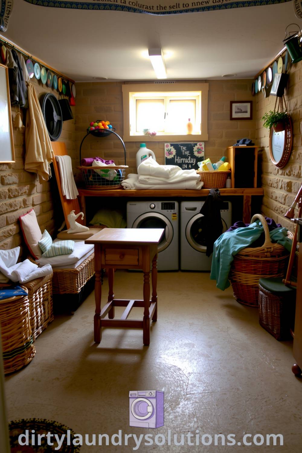 Cozy basement laundry with unrefined stone walls, vintage wooden folding table, eclectic decor, and mismatched wicker baskets, creating a relaxed atmosphere ideal for small spaces. Explore inspiring ideas and solutions to freshen up your space at dirtylaundrysolutions.com.