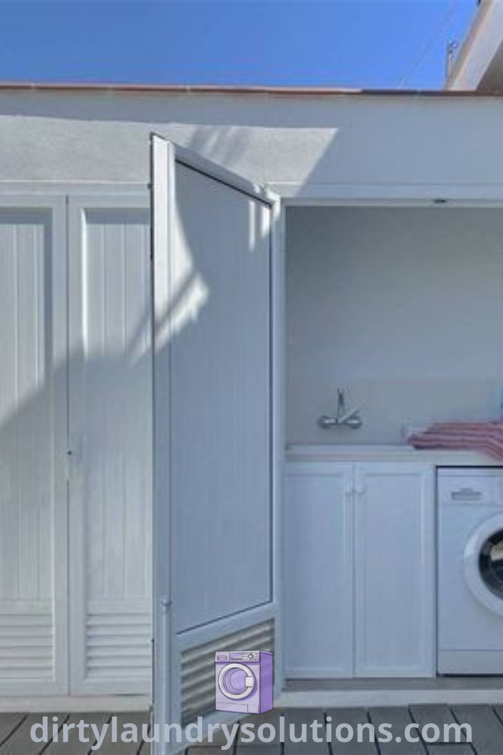 An outdoor laundry room in a small space, featuring a washer and dryer with organized storage, showcasing inspiring ideas for outdoor laundry areas and small laundry rooms. Discover unique solutions for your home at dirtylaundrysolutions.com.