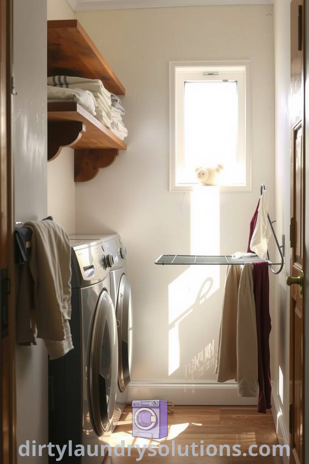 Cozy hallway laundry with warm sunlight, rustic shelving, drying rack, and inviting decor that creates a functional yet serene atmosphere. Discover more cozy ideas for your home at dirtylaundrysolutions.com.
