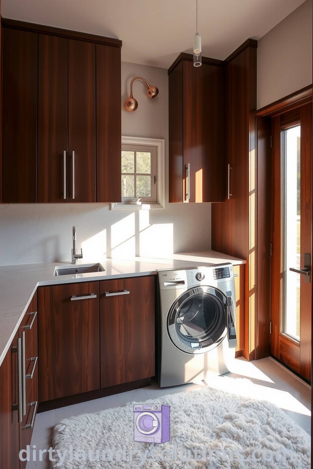 Luxurious hallway laundry with marble countertops, walnut cabinetry, stainless steel appliances, and a cozy rug, creating an inviting atmosphere with practical design. Discover unique ideas for your home at dirtylaundrysolutions.com.