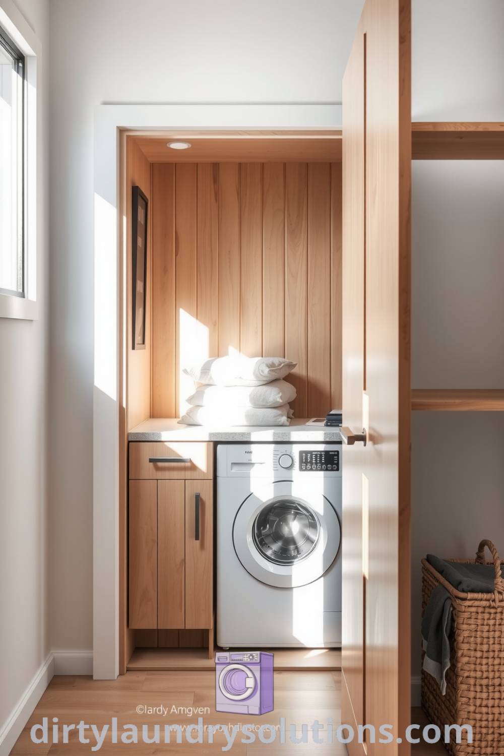 Compact Scandinavian laundry nook featuring light wood cabinetry, soft stone countertop, and natural lighting, offering cozy aesthetic and practical organization ideas for small spaces. Explore inspiring ideas for your home at dirtylaundrysolutions.com.