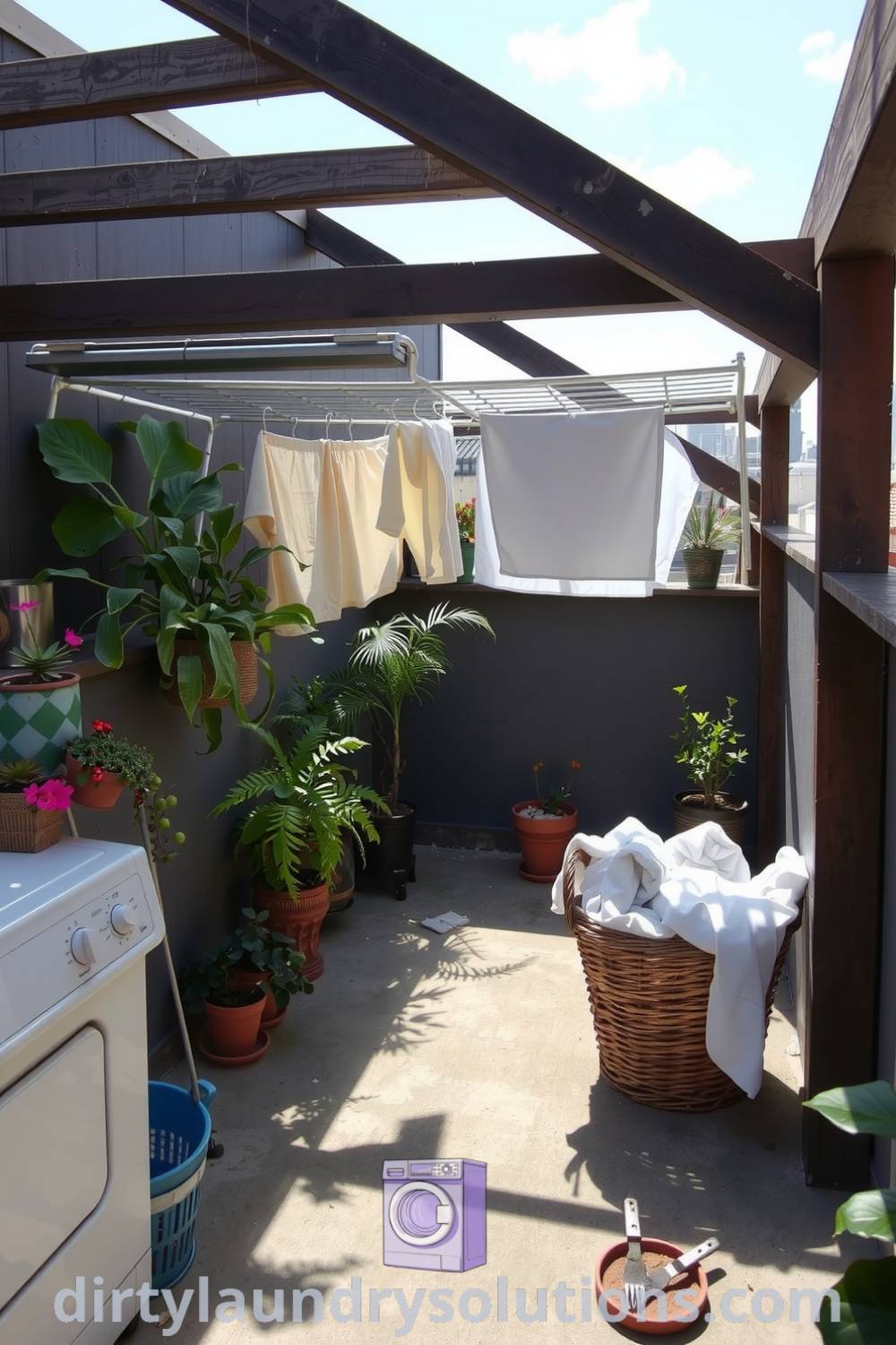 Cozy rooftop laundry area with rustic wooden beams, potted plants, and a vintage wicker basket filled with linens, creating a unique retreat in an urban landscape. Discover more ideas for your home at dirtylaundrysolutions.com.