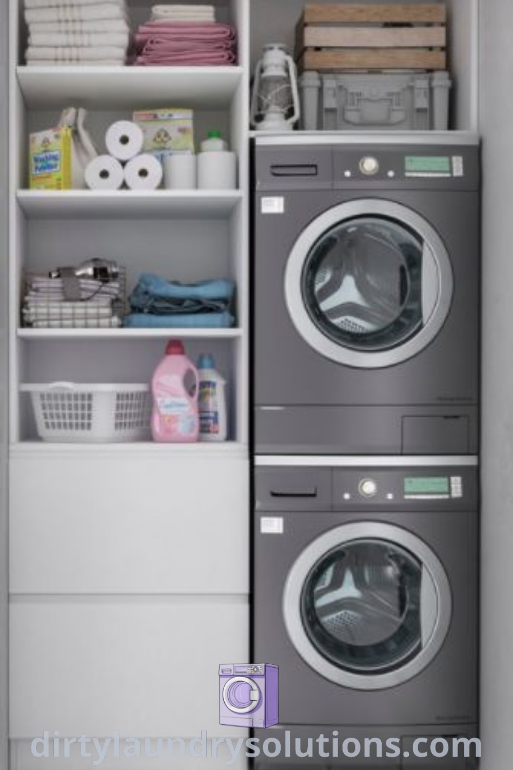 A washer and dryer in a small room with shelves on the wall, illustrating efficient laundry closet ideas. Discover unique design inspirations and solutions to enhance your home