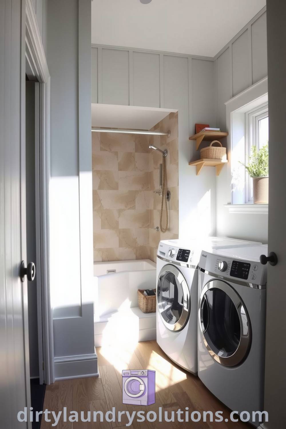 Indoor laundry area featuring a sleek washer and dryer, dove-grey walls, pet wash shower, and warm wooden accents, creating a cozy and functional space. Explore unique ideas for your home at dirtylaundrysolutions.com.