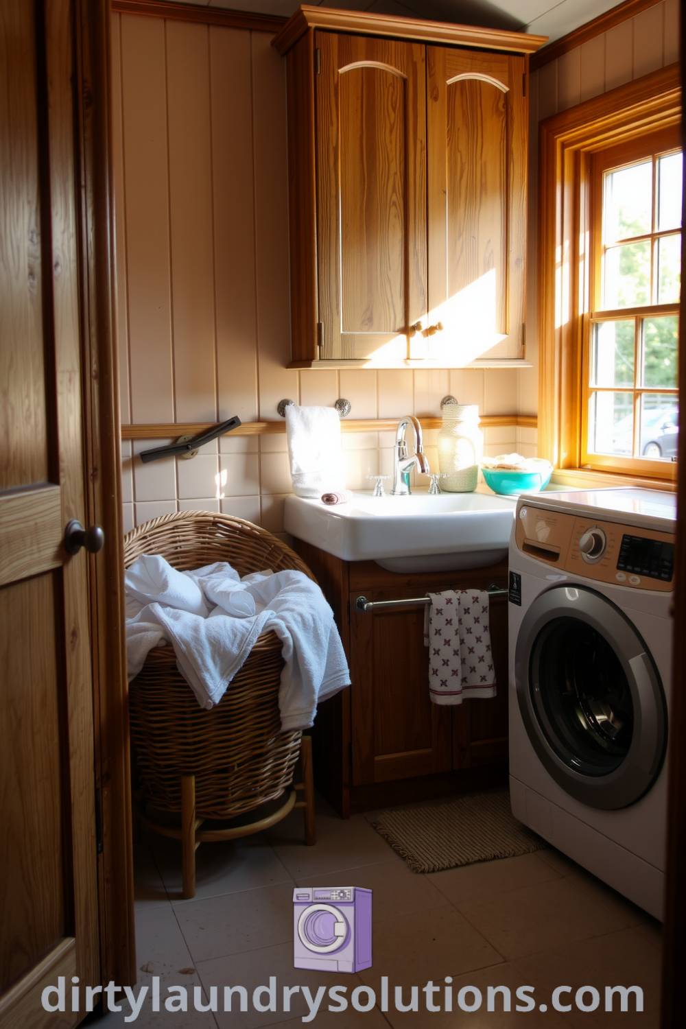 Cozy bathroom laundry nook with beige tiles, wooden cabinetry, vintage sink, and overflowing wicker basket of towels, creating a charming and inviting atmosphere. Explore more inspiring ideas for your home at dirtylaundrysolutions.com.