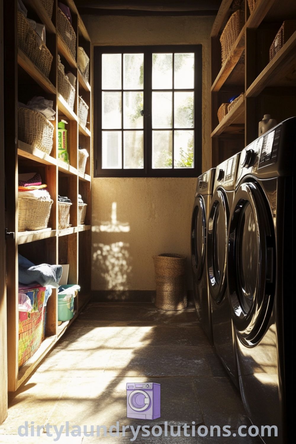 Cozy laundry room featuring rich wooden shelving, sleek appliances, and organized baskets, creating an inviting atmosphere ideal for busy homes. Explore more unique ideas for your home at dirtylaundrysolutions.com.