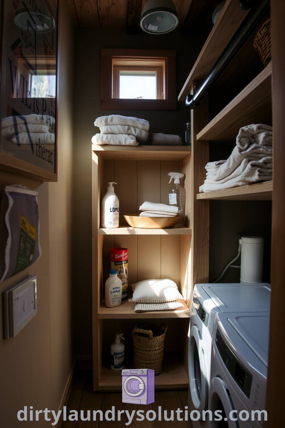 Cozy laundry room nook featuring weathered wood shelves, soft lighting, and neatly folded towels, creating an inviting atmosphere for organization and comfort. Explore inspiring ideas for small spaces at dirtylaundrysolutions.com.