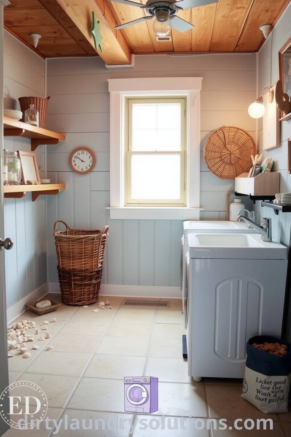 Cozy coastal basement laundry featuring pale blue walls, vintage wash sink, seashell decor, and natural light creating a serene atmosphere. Discover more cozy ideas for your home at dirtylaundrysolutions.com.
