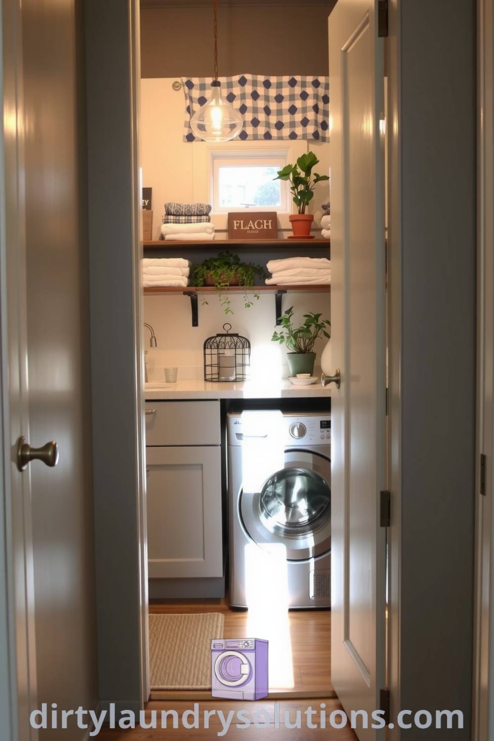 Cozy laundry area with soft grey cabinetry, brushed metal accents, rustic shelves, and potted plants, creating an inviting and functional nook. Explore inspiring ideas for small spaces at dirtylaundrysolutions.com.