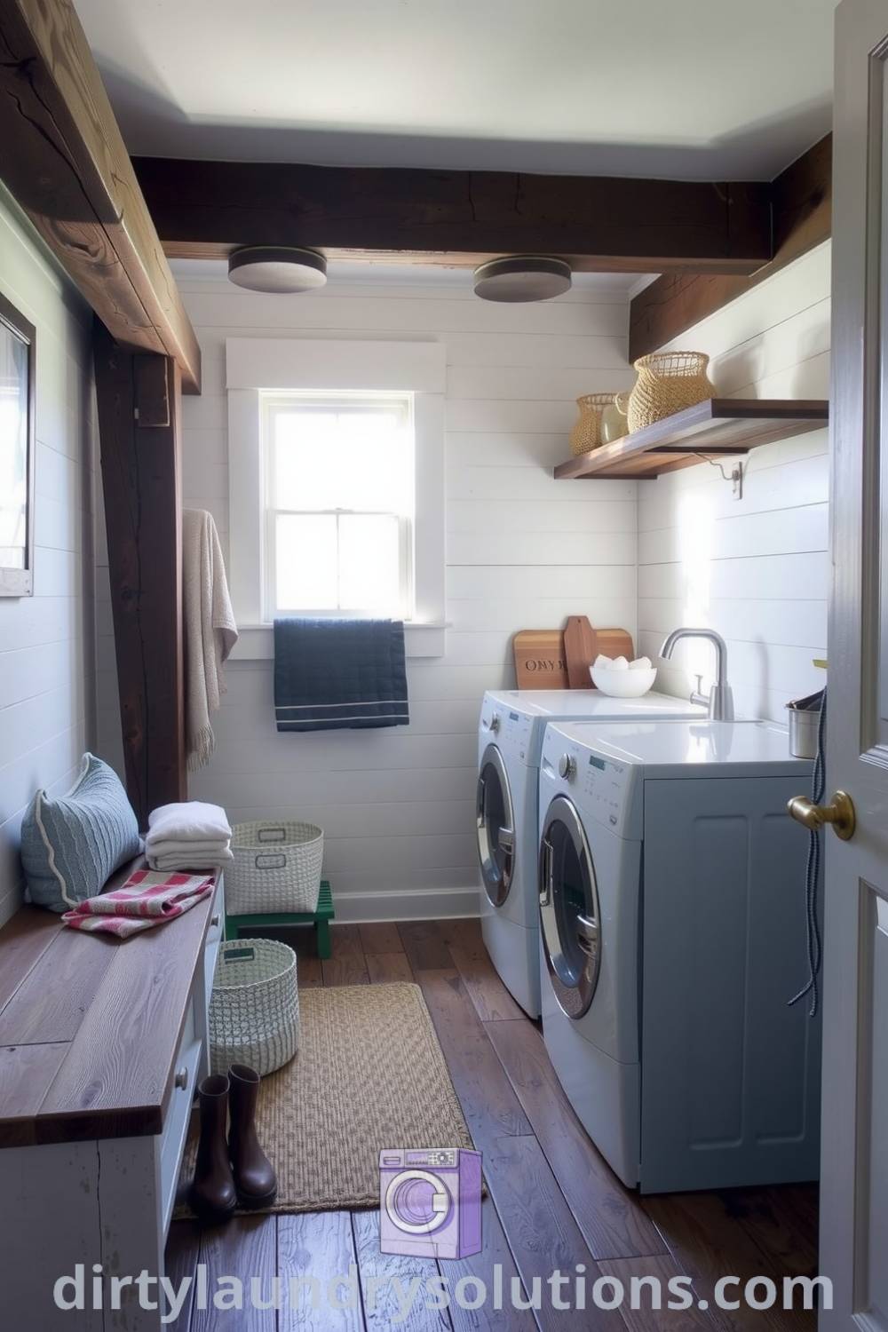 Rustic farmhouse laundry with shiplap walls, weathered wooden bench, spacious sink, and organized baskets, creating a cozy and practical hub for daily chores. Explore more unique ideas for your home at dirtylaundrysolutions.com.