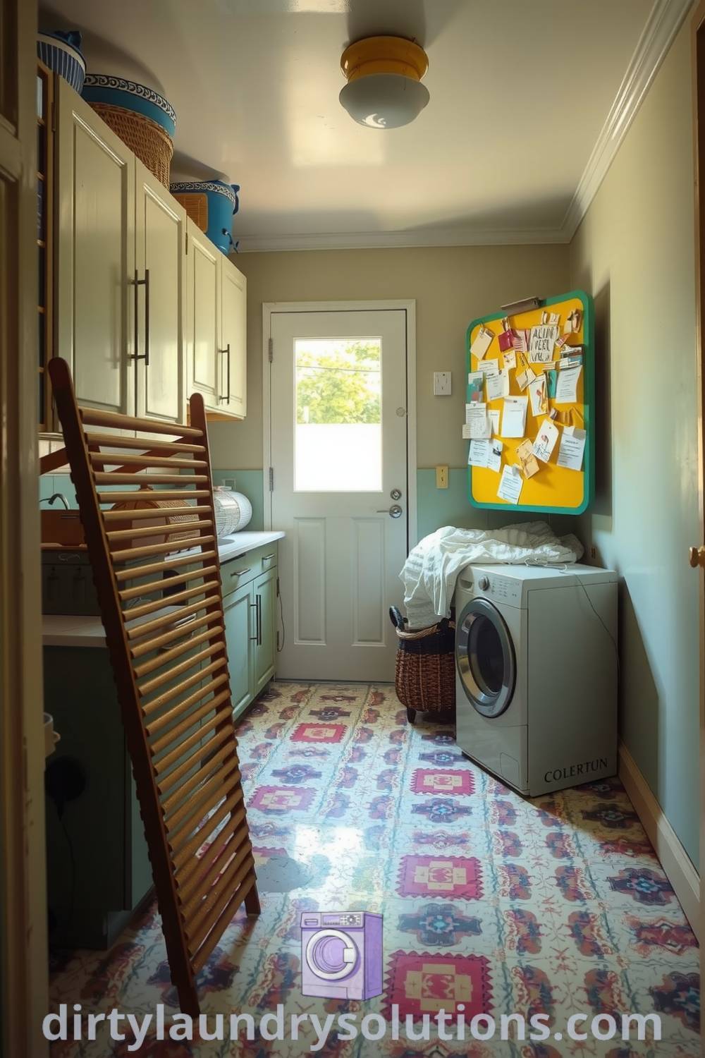 Cozy retro laundry hallway with patterned linoleum floors, mismatched cabinets, vintage drying rack, and colorful pinboard, creating an inviting and warm atmosphere. Discover more unique ideas for your home at dirtylaundrysolutions.com.