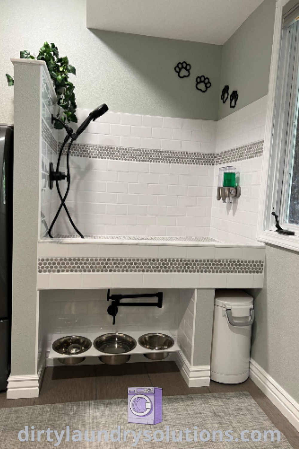 A laundry room featuring a white washer and dryer on tile flooring with white walls, beautifully organized with practical shelving, ideal for ideas that maximize space, creating a cozy home. Explore inspiring laundry room design ideas and solutions at dirtylaundrysolutions.com.