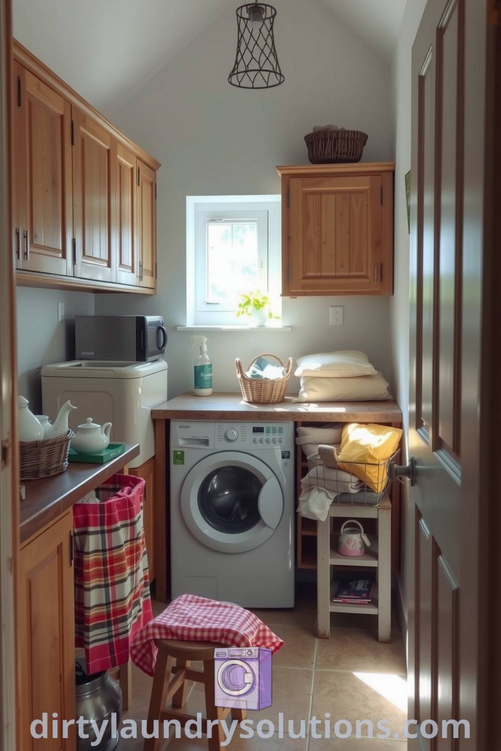 Cozy laundry nook in a quaint cottage featuring rustic wooden cabinetry, stone countertops, colorful baskets, and natural light enhancing the inviting atmosphere. Discover more unique ideas and inspirations for your home at dirtylaundrysolutions.com.