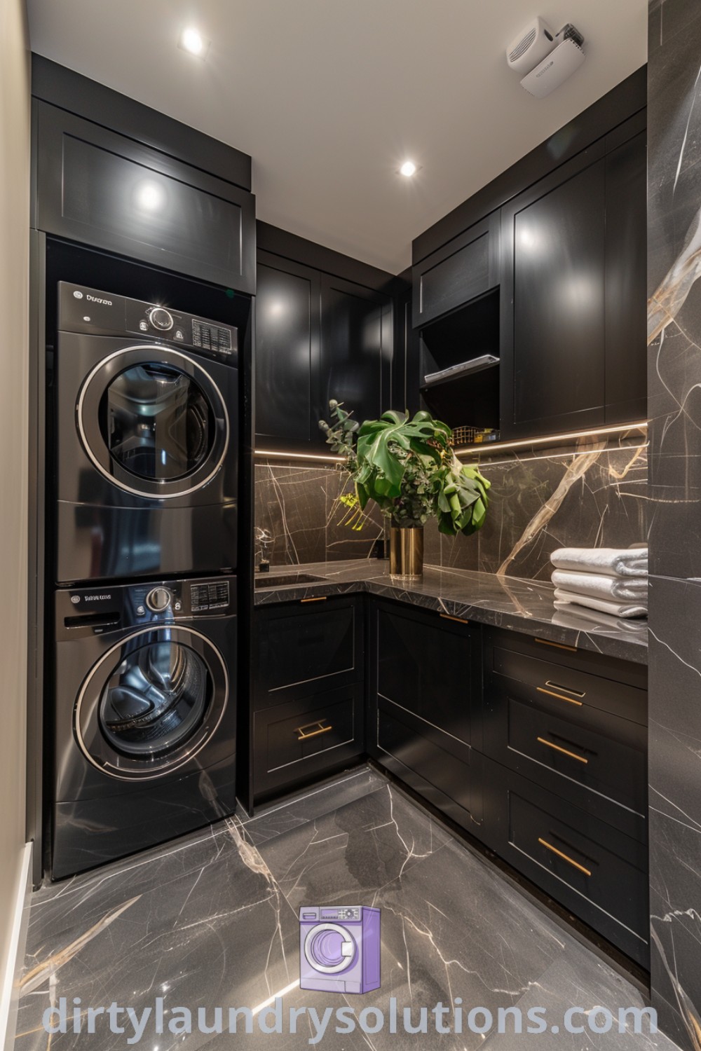 A luxurious laundry room with a washer and dryer integrated into black cabinets and stylish marble countertops. This design exemplifies modern laundry room luxury and organization ideas for your home. Visit dirtylaundrysolutions.com for more inspiring laundry room ideas.
