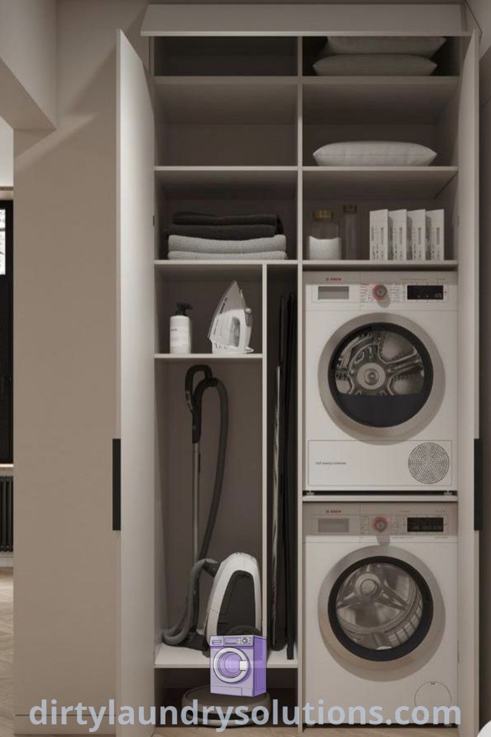 A modern utility room with a washer and dryer in a closet, showcasing stylish laundry room design and organization ideas. Discover more unique ideas and solutions for your spaces at dirtylaundrysolutions.com.