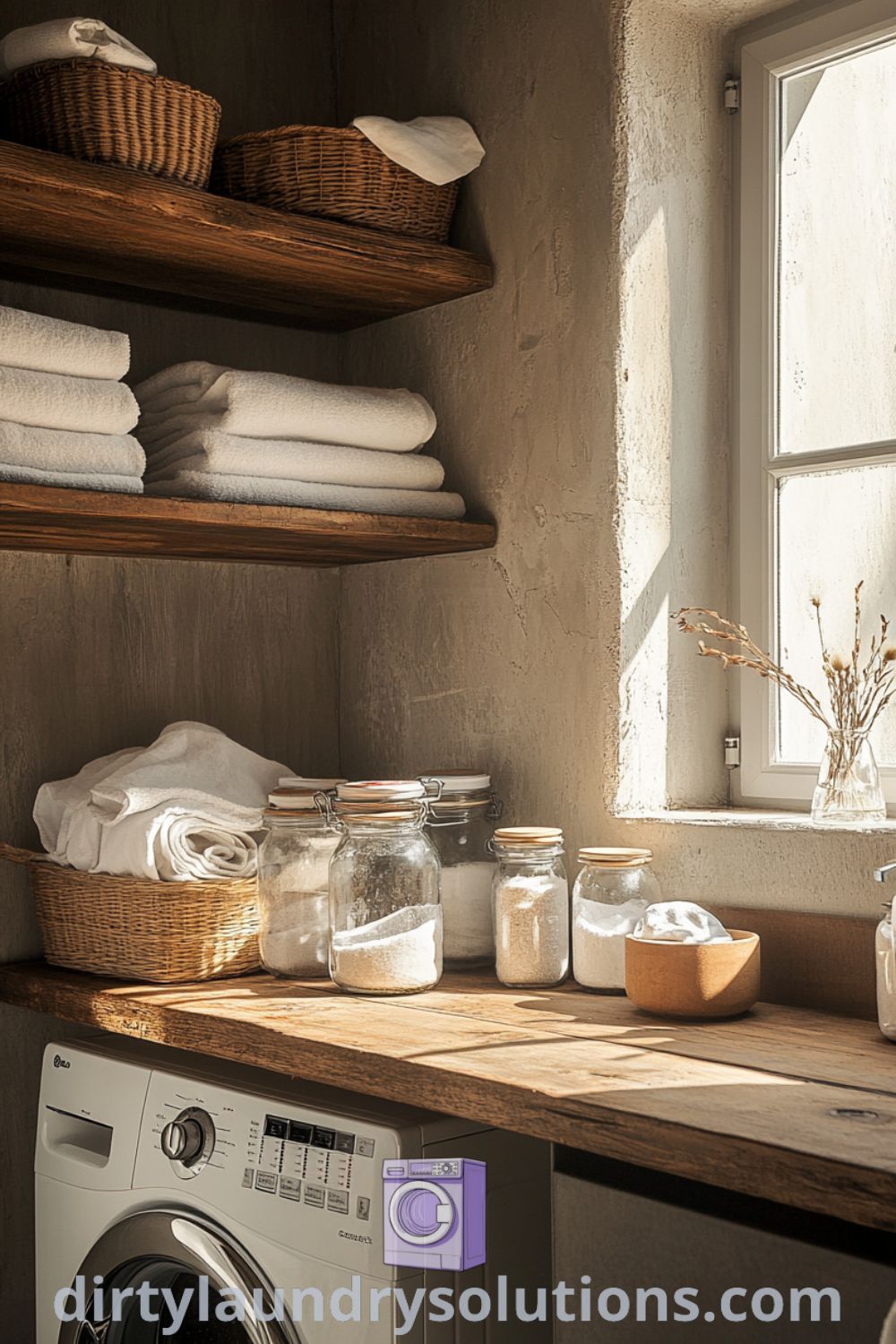 Cozy laundry room with functional units, aged wood shelves filled with organized towels and supplies, enhanced by soft lighting for a warm inviting feel. Explore unique ideas and solutions for your home at dirtylaundrysolutions.com.