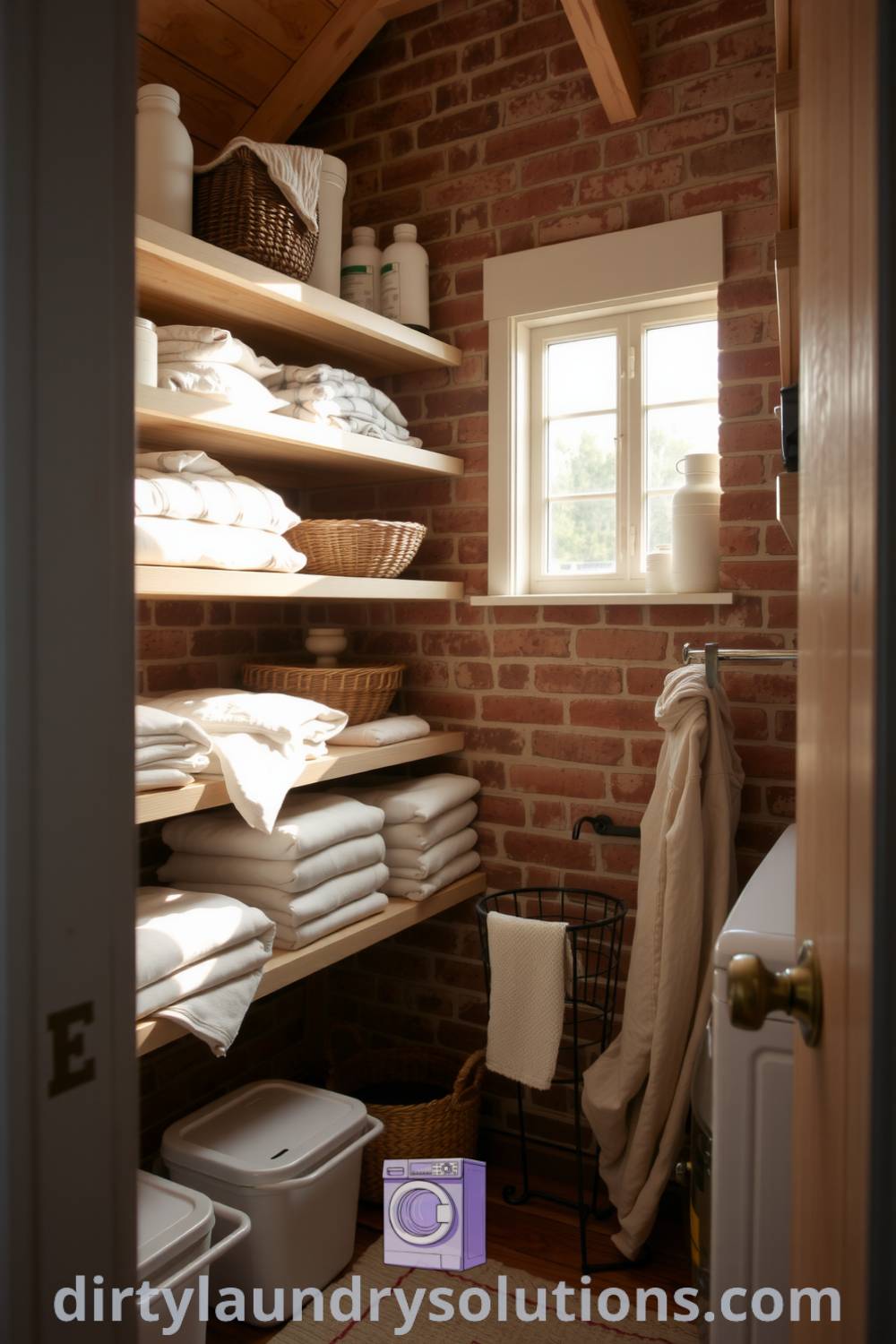 Cozy laundry room featuring weathered wooden shelves, neatly folded linens, soft sunlight filtering through a window, and exposed brick walls, creating a welcoming atmosphere. Discover more inspiring ideas for your home at dirtylaundrysolutions.com.