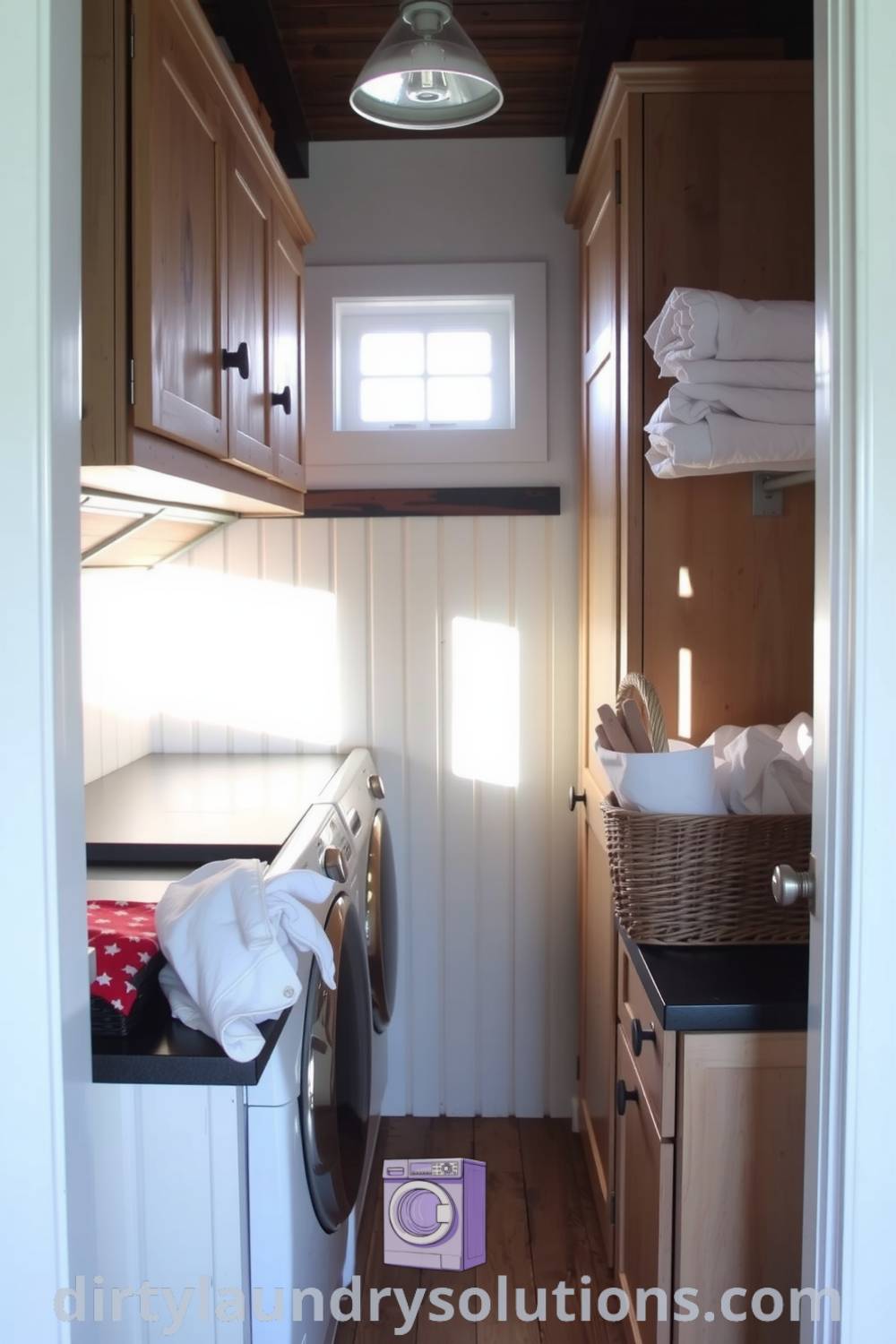 Cozy laundry nook featuring rustic wooden cabinetry, soft wall colors, a sorting countertop, a basket of fresh linens, and sunlight streaming in through a window, creating a warm and inviting space. Explore unique ideas for your home at dirtylaundrysolutions.com.