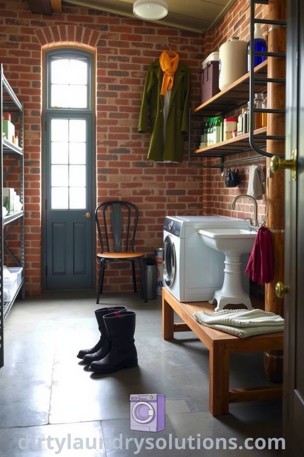 Cozy industrial mudroom laundry with exposed brick walls, polished concrete floors, vintage sink, and reclaimed shelving for organization. Discover unique ideas for your home at dirtylaundrysolutions.com.