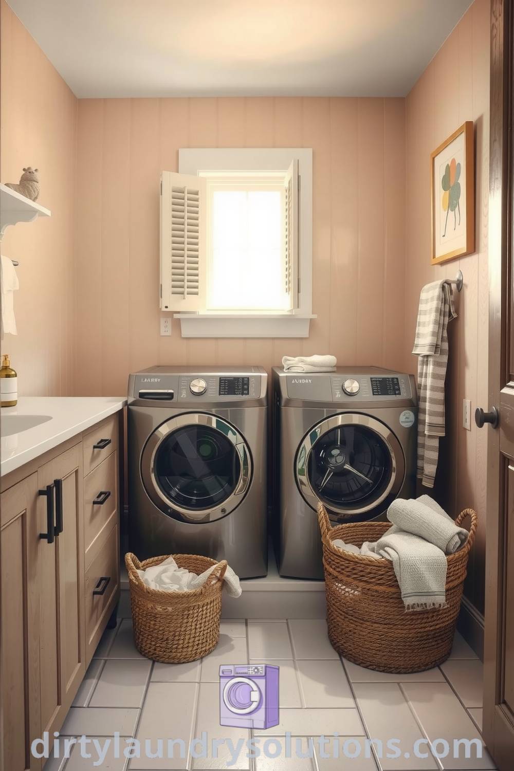 Cozy laundry area featuring vintage washer and dryer against soft walls, with pale ceramic tiles and woven baskets, combining inviting design and functionality for small spaces. Explore unique ideas for your home at dirtylaundrysolutions.com.