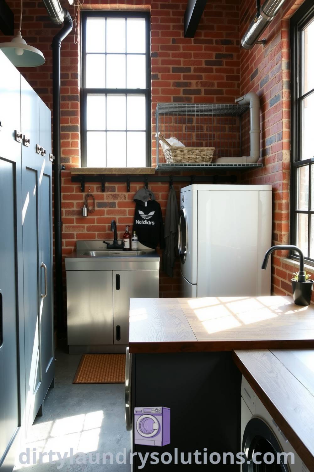 Industrial mudroom laundry featuring sleek metal fixtures, rugged wood accents, exposed brick walls, and a spacious folding countertop, offering cozy and functional design ideas for your home at dirtylaundrysolutions.com.