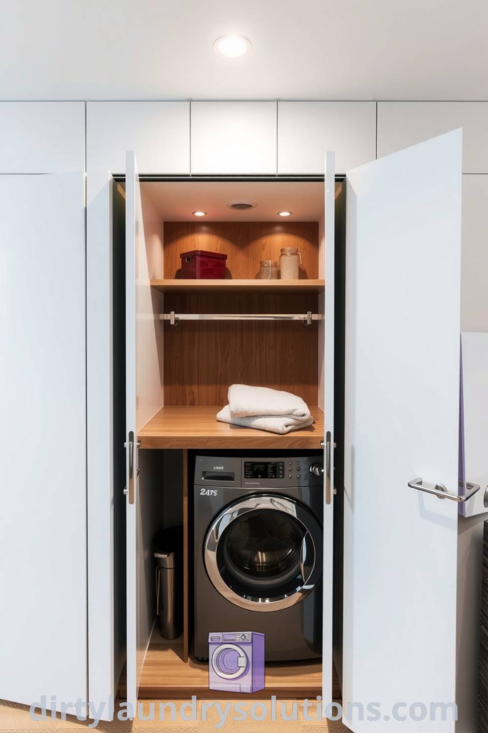Hidden laundry area featuring crisp white cabinetry, warm wood accents, small folding countertop, and soft overhead lighting, blending functionality with elegance. Explore more inspiring ideas for your home at dirtylaundrysolutions.com.
