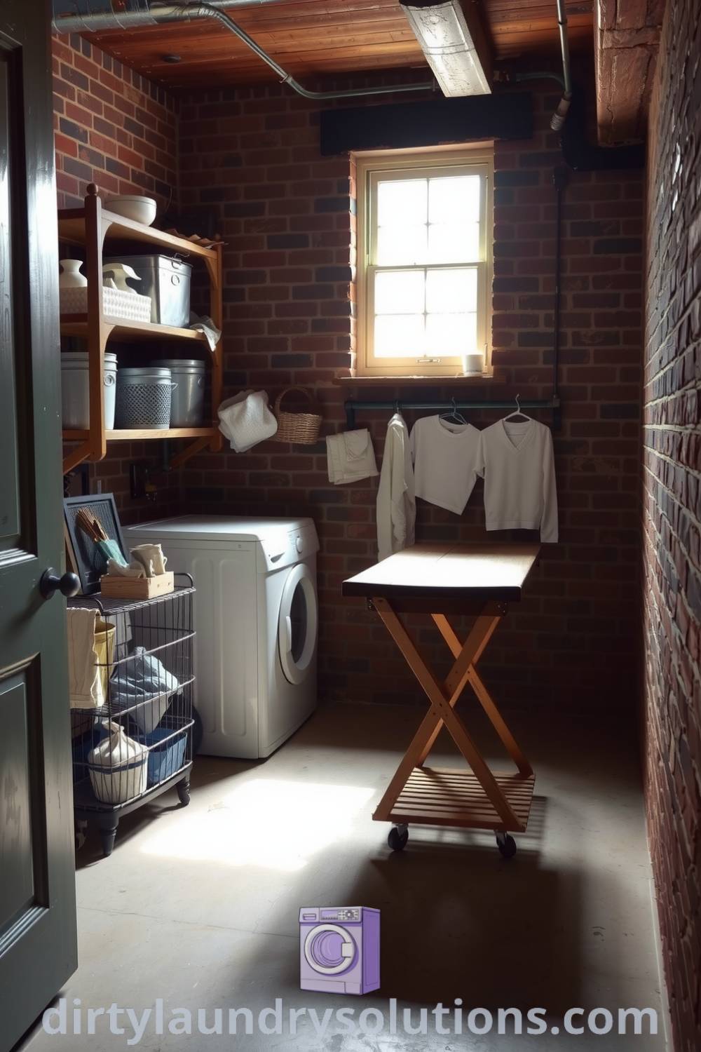 Cozy basement laundry featuring exposed brick walls, concrete floors, wooden shelving, and metal storage bins, enhancing both aesthetics and organization. Explore inspiring ideas for small spaces at dirtylaundrysolutions.com.