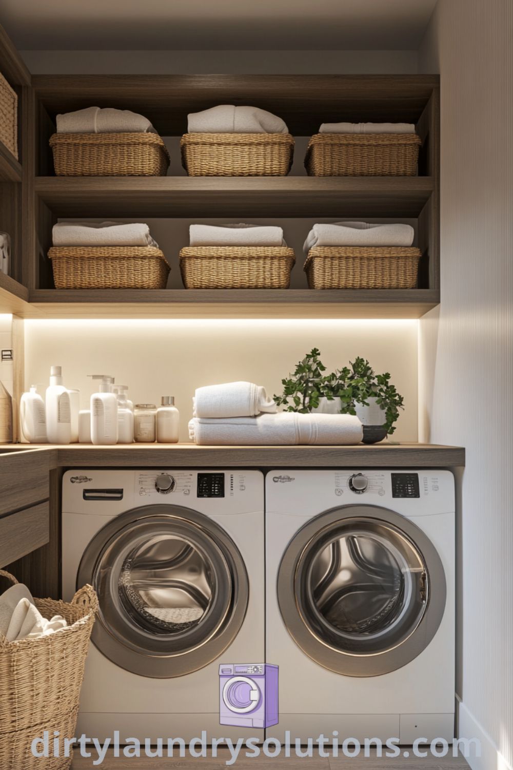 Cozy laundry nook with classic washer and dryer, warm lighting, rustic wood shelves, neatly organized baskets, and sunlight streaming through a window, creating an inviting atmosphere. Discover more cozy ideas for your home at dirtylaundrysolutions.com.