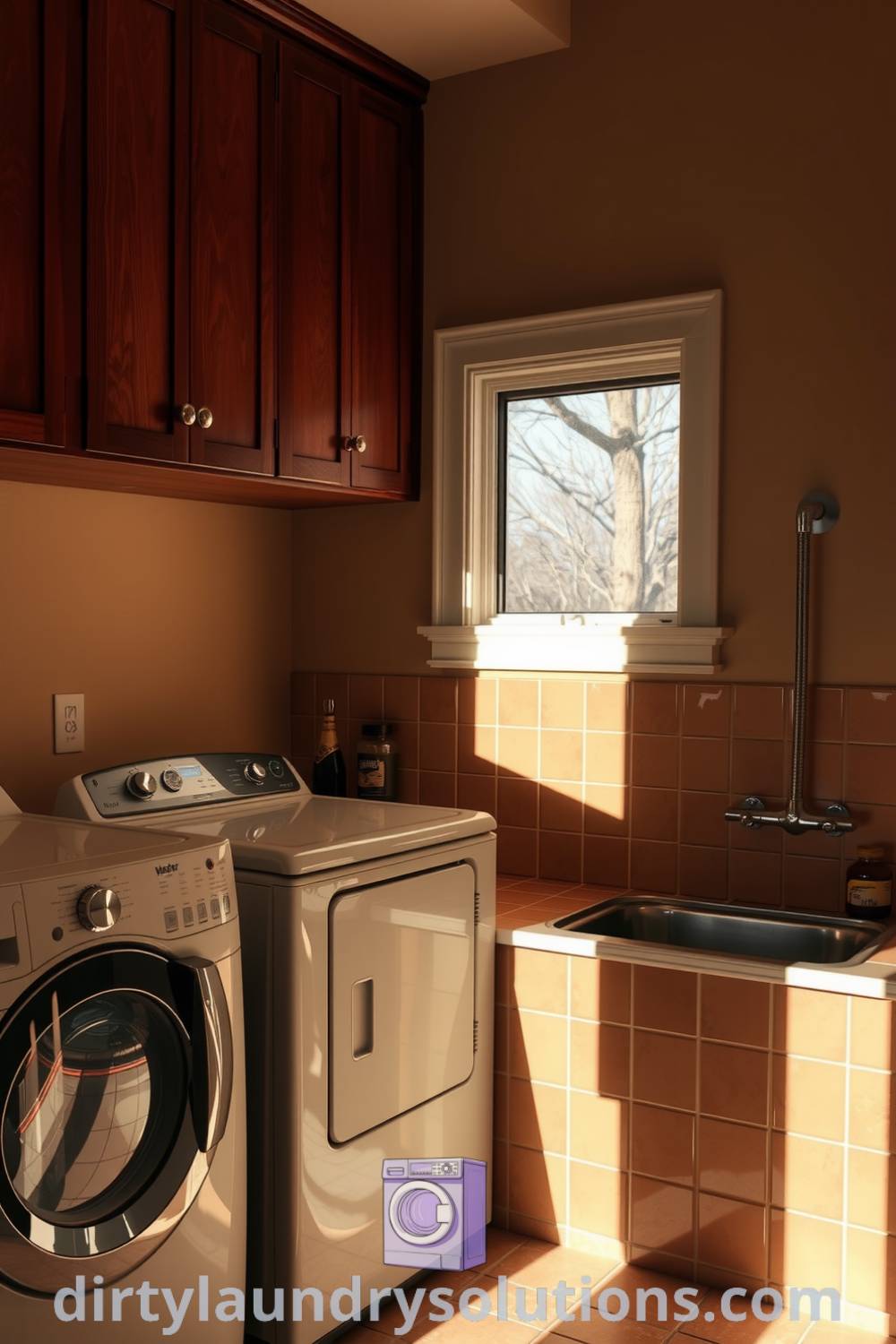 Cozy laundry and pet wash space with textured washer and dryer, inviting pet spa, rich wood cabinetry, and earthy tones, creating a warm and functional atmosphere for busy homes. Discover more inspiring ideas for your home at dirtylaundrysolutions.com.
