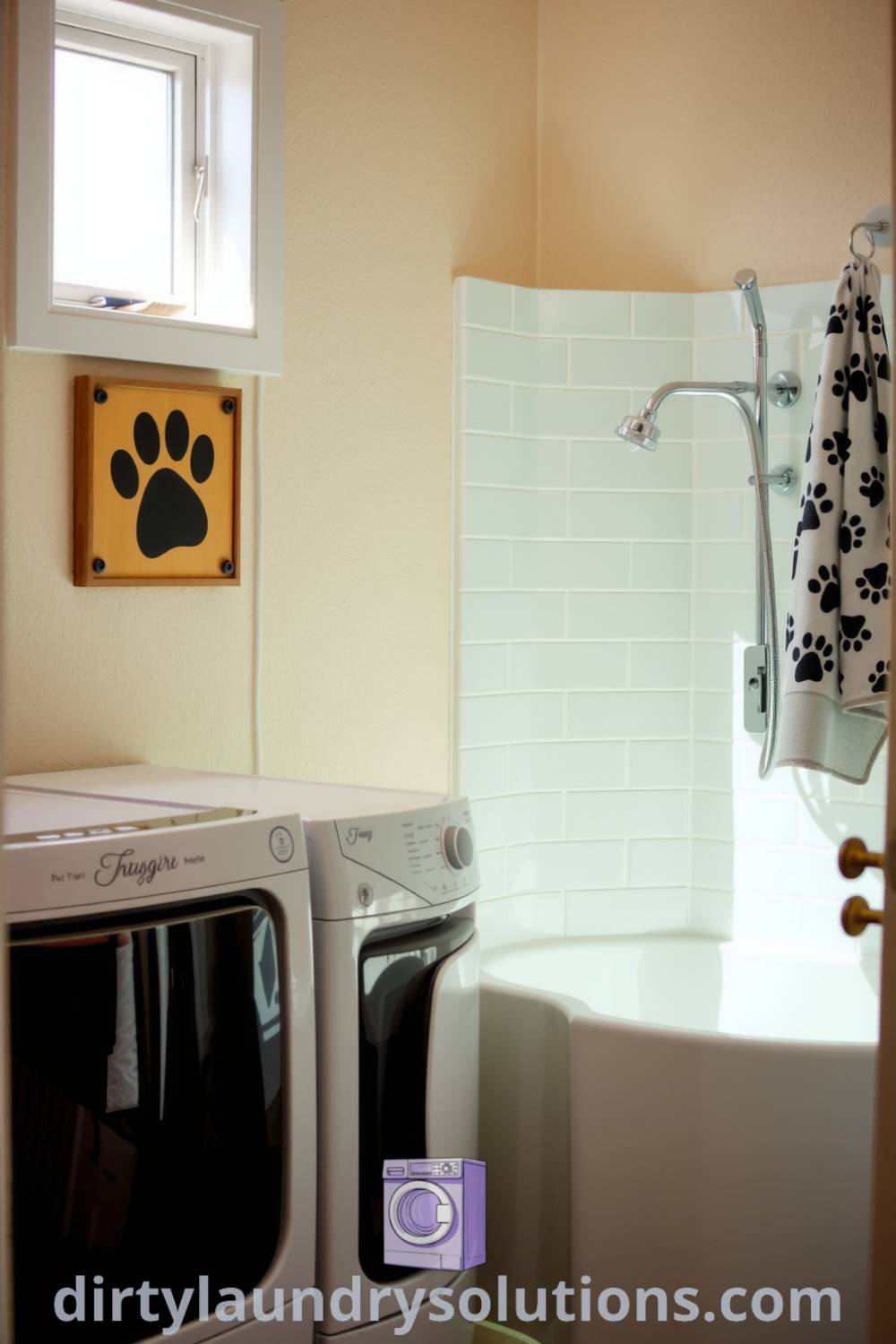 Laundry room with compact washer and dryer, bright pet wash shower, and paw-print towels creating a cozy and functional space. Explore more inspiring ideas for small spaces at dirtylaundrysolutions.com.