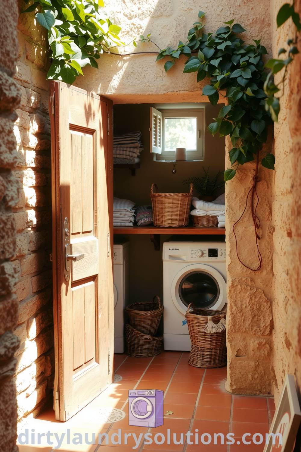 Cozy laundry area in a Mediterranean-style home featuring terracotta tiles, rustic countertop, and ivy-decorated stone walls, creating an inviting atmosphere for everyday chores. Explore more design ideas at dirtylaundrysolutions.com.