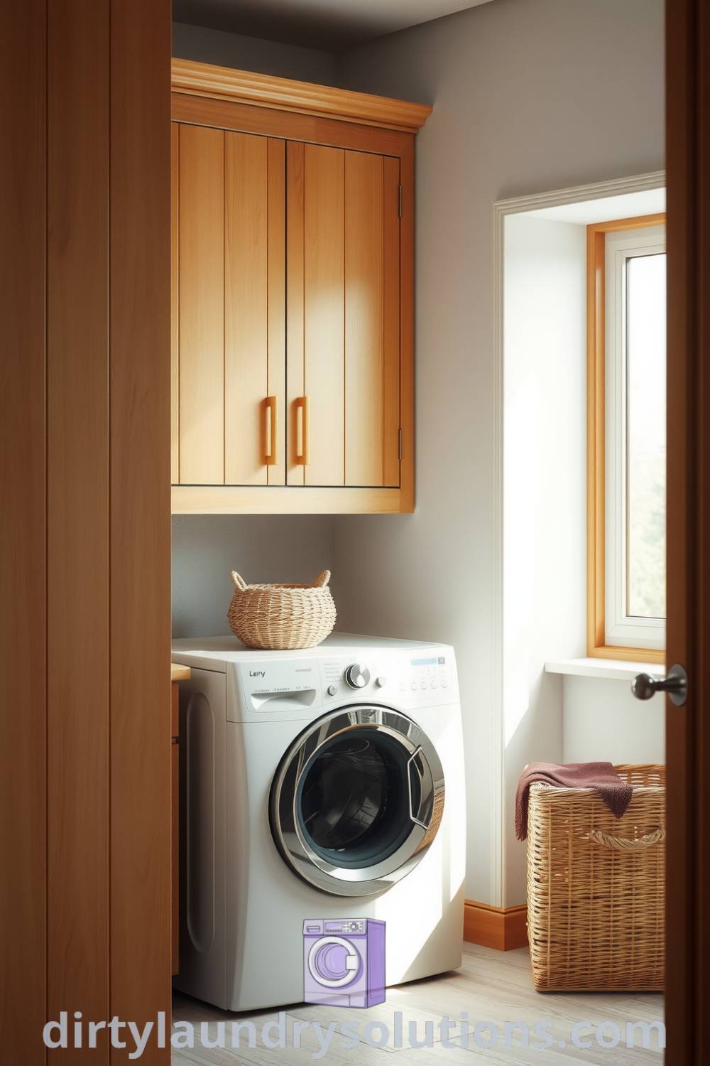 Japandi-inspired laundry corner featuring warm wood cabinetry, matte washer and dryer, woven baskets for organization, and soft lighting that creates a serene atmosphere. Discover more inspiring ideas for small spaces at dirtylaundrysolutions.com.