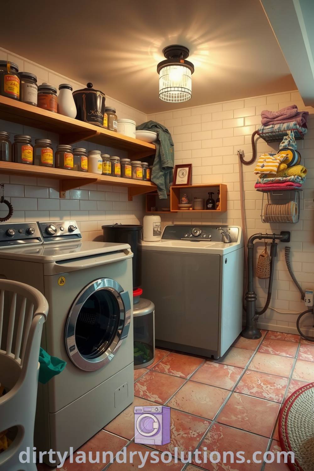 Cozy retro laundry with pastel tiles, vintage washing machine, warm lighting, and charming decor of mismatched jars, perfect for small spaces and inspiring home organization ideas. Discover unique ideas for your home at dirtylaundrysolutions.com.