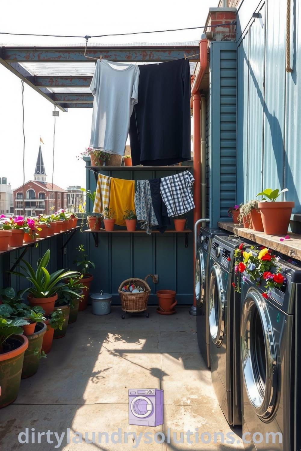 Cozy rooftop laundry area with weathered metal surfaces, vibrant terracotta plants, and colorful laundry fluttering against the skyline, creating a welcoming atmosphere. Discover unique ideas for your home at dirtylaundrysolutions.com.