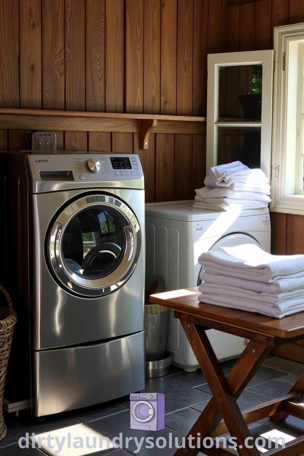 Cozy back porch laundry with weathered wood panels, sturdy washers, neatly stacked laundry, and sunlight streaming through a window, creating an inviting atmosphere. Discover inspiring ideas for your home at dirtylaundrysolutions.com.